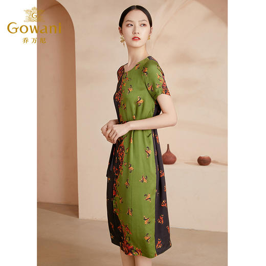 乔万尼真丝连衣裙女收腰高雅印花拼色中长款EI2E718 商品图2