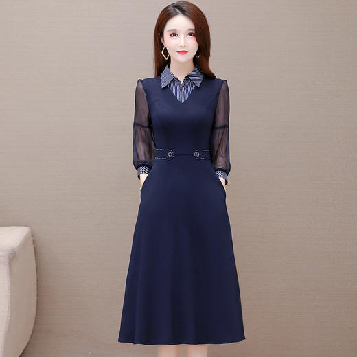 YWE  KED91535条纹翻领大码长袖连衣裙女中长款 商品图1