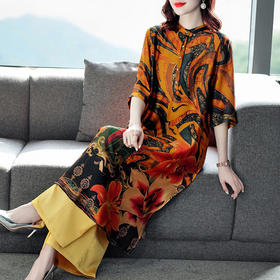 AHM- ktt5032 阔太太套装女2021夏季中式民族风复古印花中长款上衣阔腿裤两件套