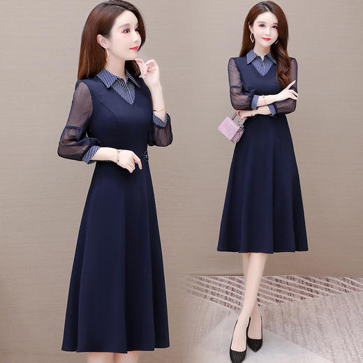 YWE  KED91535条纹翻领大码长袖连衣裙女中长款 商品图0