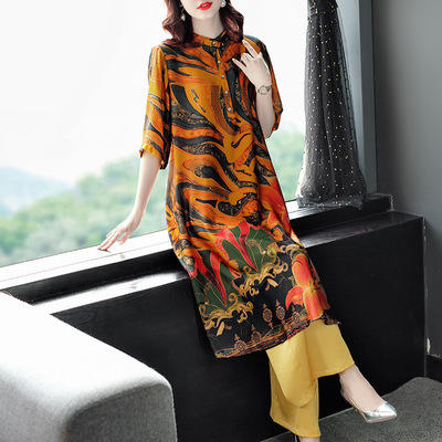 AHM- ktt5032 阔太太套装女2021夏季中式民族风复古印花中长款上衣阔腿裤两件套 商品图1