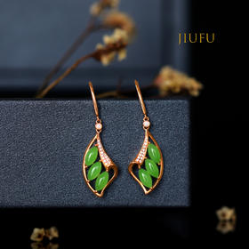 18K玫瑰金和田玉（碧玉）镶钻耳饰--卷珠帘 4*7mm/苹果绿/总长37mm