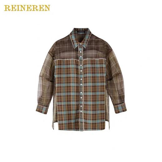 欧根纱格纹拼接长袖衬衫 商品图1