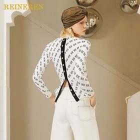 R字母印花后背撞色金扣打底针织上衣