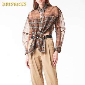 欧根纱格纹拼接长袖衬衫