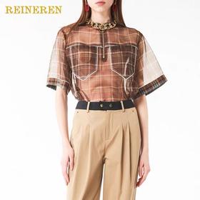 欧根纱格纹拼接短上衣