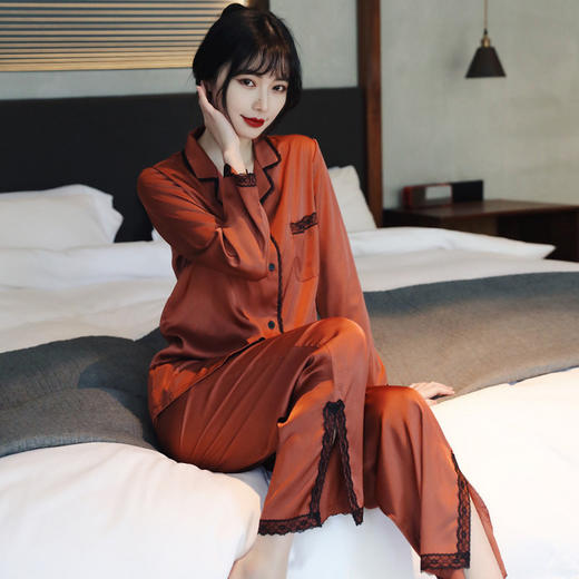 【高端睡衣】2021春夏秋新款性感冰丝薄款仿真丝绸长袖黑色蕾丝花边网红睡衣女 商品图7