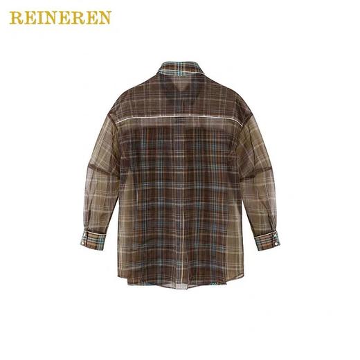 欧根纱格纹拼接长袖衬衫 商品图2