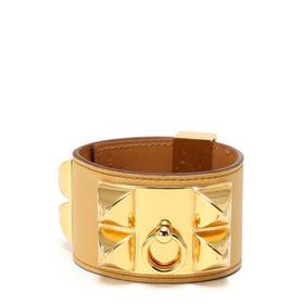 HERMES(爱马仕)金色CDC棕色皮质宽版手镯