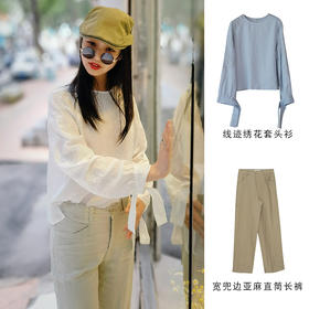 宽兜边亚麻直筒长裤212KZ016