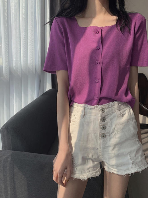 夏季2022新款韩版小众方领高腰短款上衣小个子百搭短袖针织开衫女 商品图2