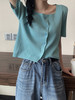 夏季2022新款韩版小众方领高腰短款上衣小个子百搭短袖针织开衫女 商品缩略图0
