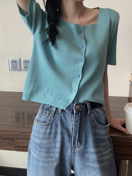 夏季2022新款韩版小众方领高腰短款上衣小个子百搭短袖针织开衫女 商品图0