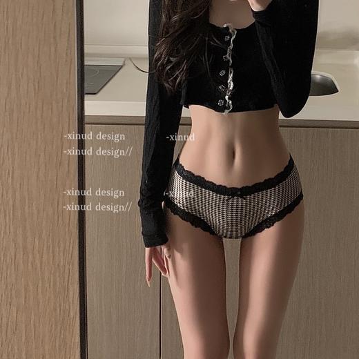 日系千鸟格性感蕾丝内裤 女低腰三角裤 牛奶丝清肤面料 纯棉内档透气不闷性感蝴蝶结格子清新打底裤均码 商品图0