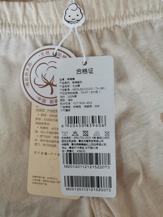 棉果果夏季新疆彩棉男童女童纯棉汗布七分裤M201201121215 商品图3