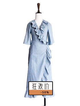 TYNVIE 条纹牛仔荷叶边裹身连衣裙