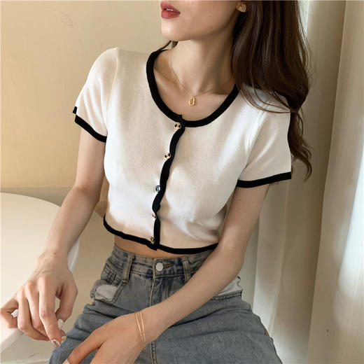 2021夏季新款ins露脐短款冰丝针织修身开衫简约短袖上衣女潮服饰女装出游清凉上衣七夕情人节 商品图1