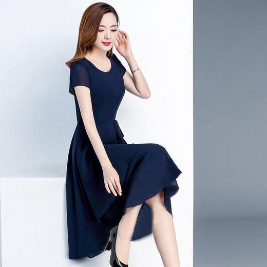 2021新款夏季高端收腰显瘦减龄气质中长款圆领大码女装连衣裙女 商品图4