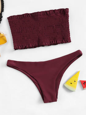 【泳衣】*新款泳装花朵印花抹胸复古分体式打褶比基尼BIKINI泳衣