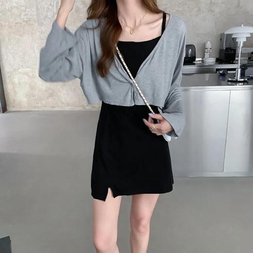 新款性感吊带小黑裙套装女韩版显瘦长袖短款半身裙女连衣裙套装连衣裙女装服饰出游七夕情人节 商品图3