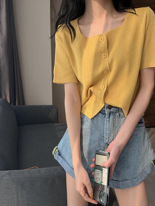 夏季2022新款韩版小众方领高腰短款上衣小个子百搭短袖针织开衫女 商品图3