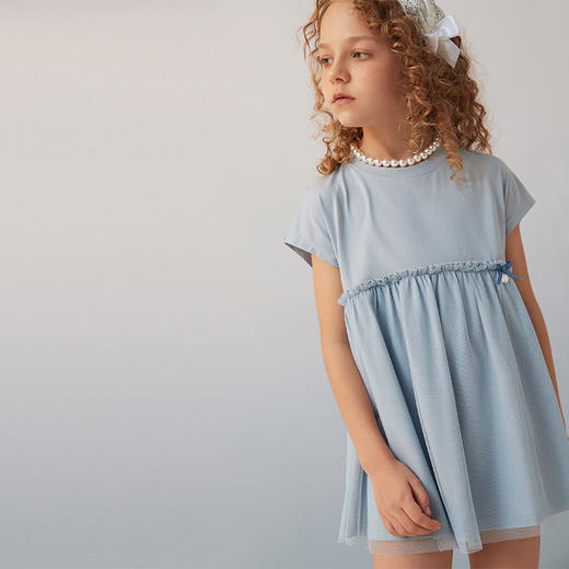 【纯棉网纱拼接裙】夏新品女童短袖中长款连衣裙时尚网纱拼接圆领裙 商品图4