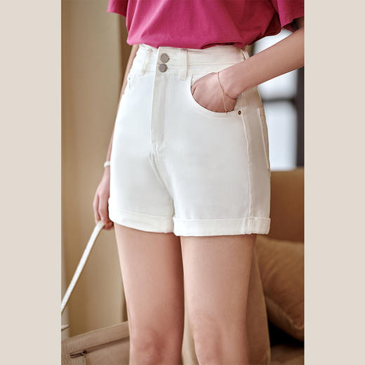 欧芮儿白色牛仔短裤女2021春夏新款高腰修身包臀直筒卷边休闲裤 商品图0