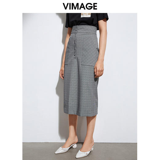 VIMAGE纬漫纪夏季新款通勤显瘦高腰格纹排扣包臀半身裙女裙VA2106101 商品图1