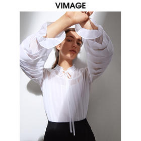 VIMAGE纬漫纪夏季新款木耳立领洋气复古网纱透视雪纺上衣女VB2113112