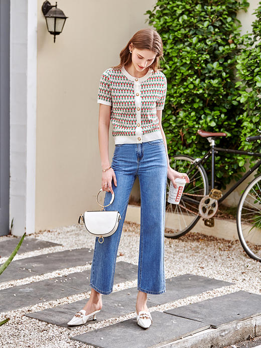 欧芮儿提花针织开衫2021新款圆领针织衫女短袖打底针织衫百搭 商品图1