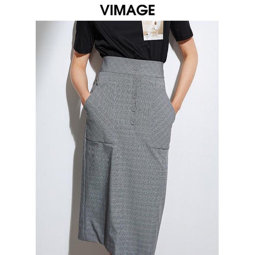 VIMAGE纬漫纪夏季新款通勤显瘦高腰格纹排扣包臀半身裙女裙VA2106101 商品图6