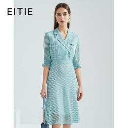 EITIE爱特爱夏季新款洋气西装领收腰显瘦灯笼袖雪纺连衣裙女B2107710