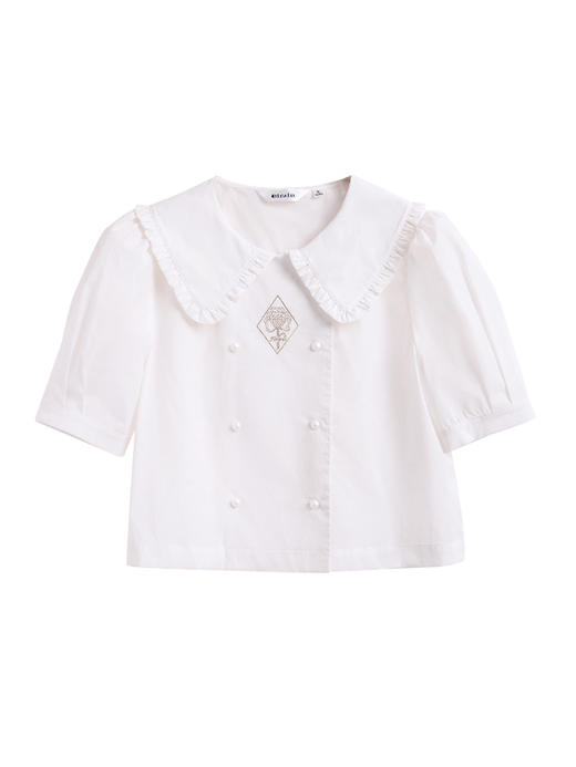 欧芮儿娃娃领白衬衫女2021春夏新款双排扣木耳边超仙洋气短款上衣 商品图3