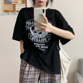 2021新款原宿风韩版港风宽松短袖印花黑色T恤七夕情人节