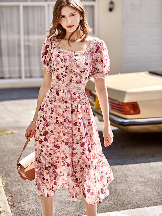 欧芮儿碎花雪纺连衣裙2021春夏新款蕾丝拼接复古提花高腰收腰裙子 商品图2
