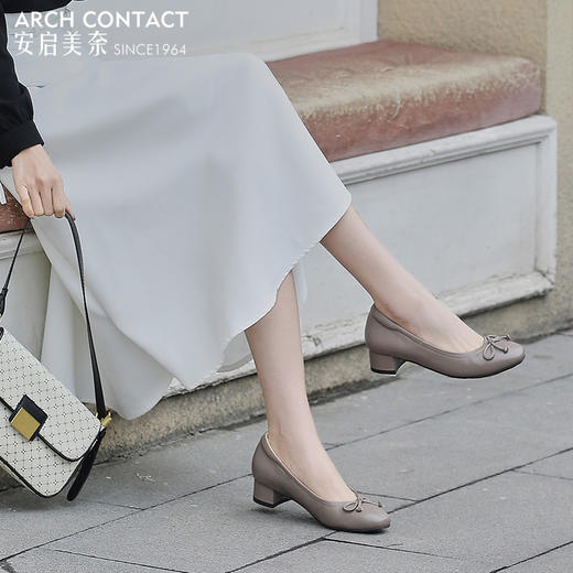 安启美奈春款女鞋蝴蝶结单鞋舒适中跟通勤低跟羊皮休闲鞋52125 商品图4