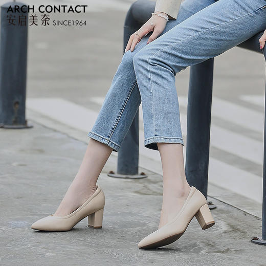 安启美奈春款真皮高跟鞋羊皮舒适浅口单鞋百搭套脚小皮鞋 商品图2