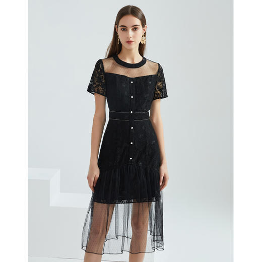 EITIE爱特爱夏季新款一字肩性感网纱镂空拼接修身暗纹连衣裙B2107702 商品图4