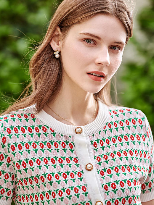 欧芮儿提花针织开衫2021新款圆领针织衫女短袖打底针织衫百搭 商品图2