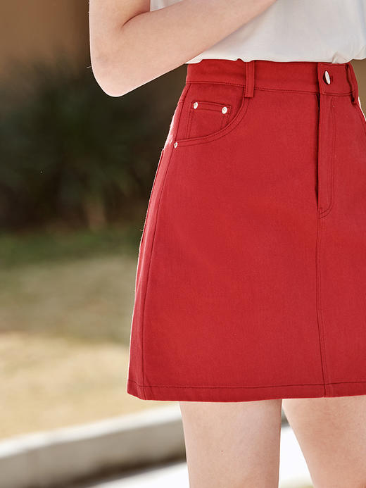 欧芮儿牛仔半身裙2021春夏新款高腰显瘦A字裙红色气质时尚短裙 商品图2