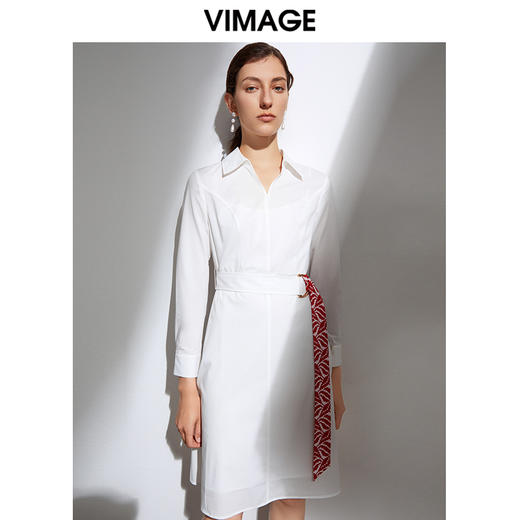 VIMAGE纬漫纪春季新款时尚个性撞色腰带收腰显瘦衬衫连衣裙女VA2107107 商品图2