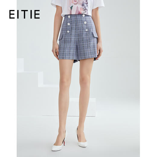 EITIE爱特爱夏季新款洋气复古格纹排扣高腰显瘦百搭短裤女裤 商品图0