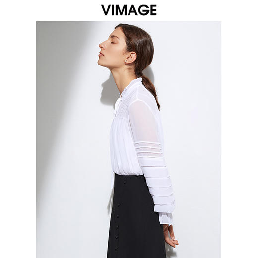 VIMAGE纬漫纪夏季新款木耳立领洋气复古网纱透视雪纺上衣女VB2113112 商品图2