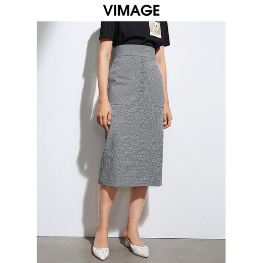 VIMAGE纬漫纪夏季新款通勤显瘦高腰格纹排扣包臀半身裙女裙VA2106101 商品图5