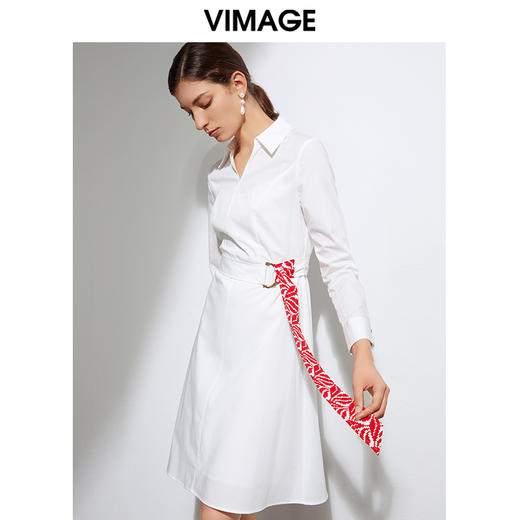 VIMAGE纬漫纪春季新款时尚个性撞色腰带收腰显瘦衬衫连衣裙女VA2107107 商品图3