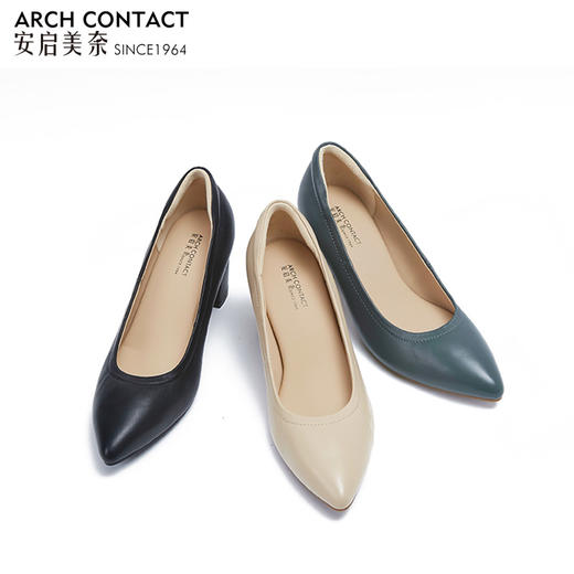安启美奈春款真皮高跟鞋羊皮舒适浅口单鞋百搭套脚小皮鞋 商品图3