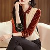CS-73089新款真丝绒翻领单排扣三色拼接桑蚕丝上衣 商品缩略图1