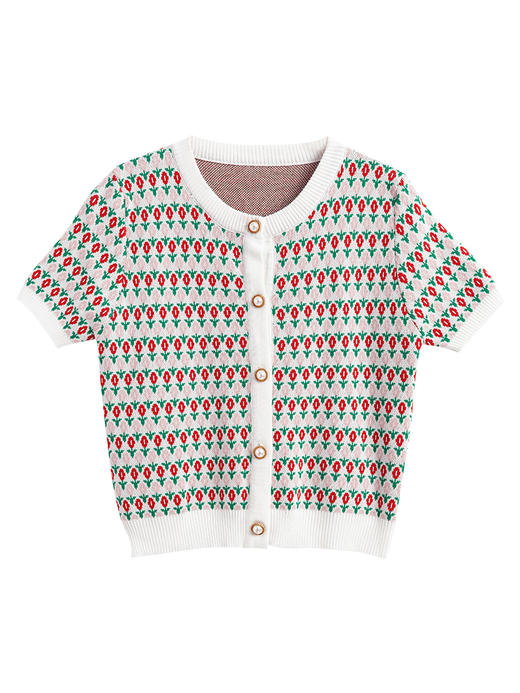 欧芮儿提花针织开衫2021新款圆领针织衫女短袖打底针织衫百搭 商品图3