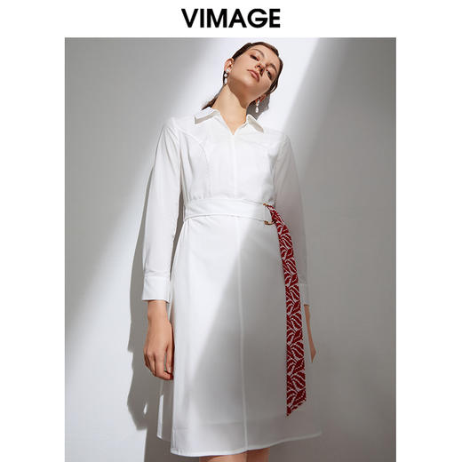 VIMAGE纬漫纪春季新款时尚个性撞色腰带收腰显瘦衬衫连衣裙女VA2107107 商品图0