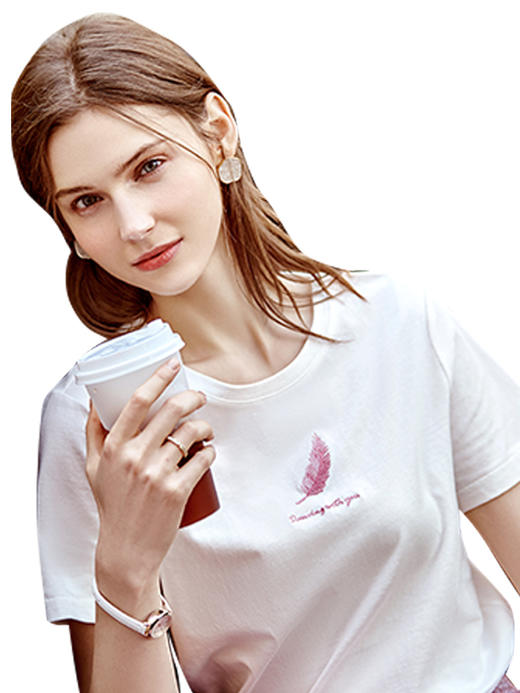 欧芮儿针织绣花T恤女2021春夏新款重工羽毛时髦气质减龄白色上衣 商品图3